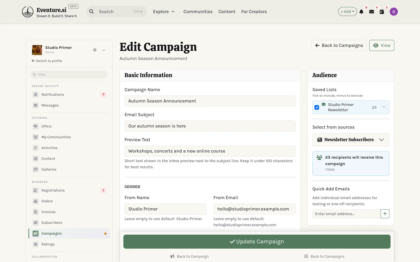The campaign editor with a list attached and a test send ready.