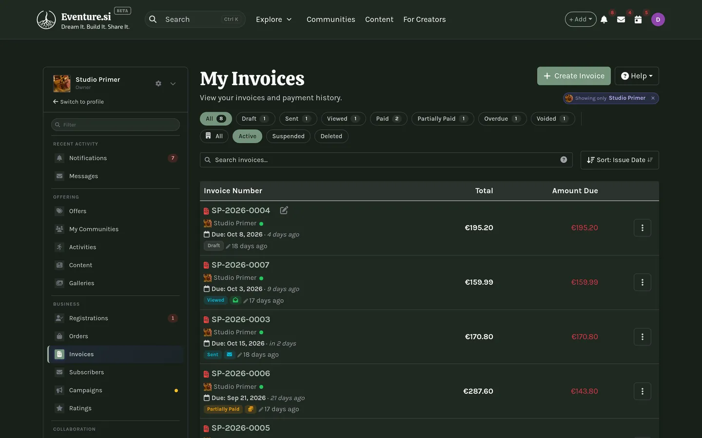 My Invoices: the status counts and filters above the list.