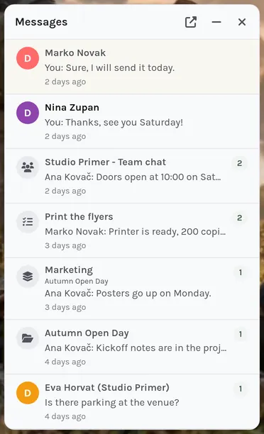 The messages list: each round icon shows the kind of conversation, the number counts unread messages.