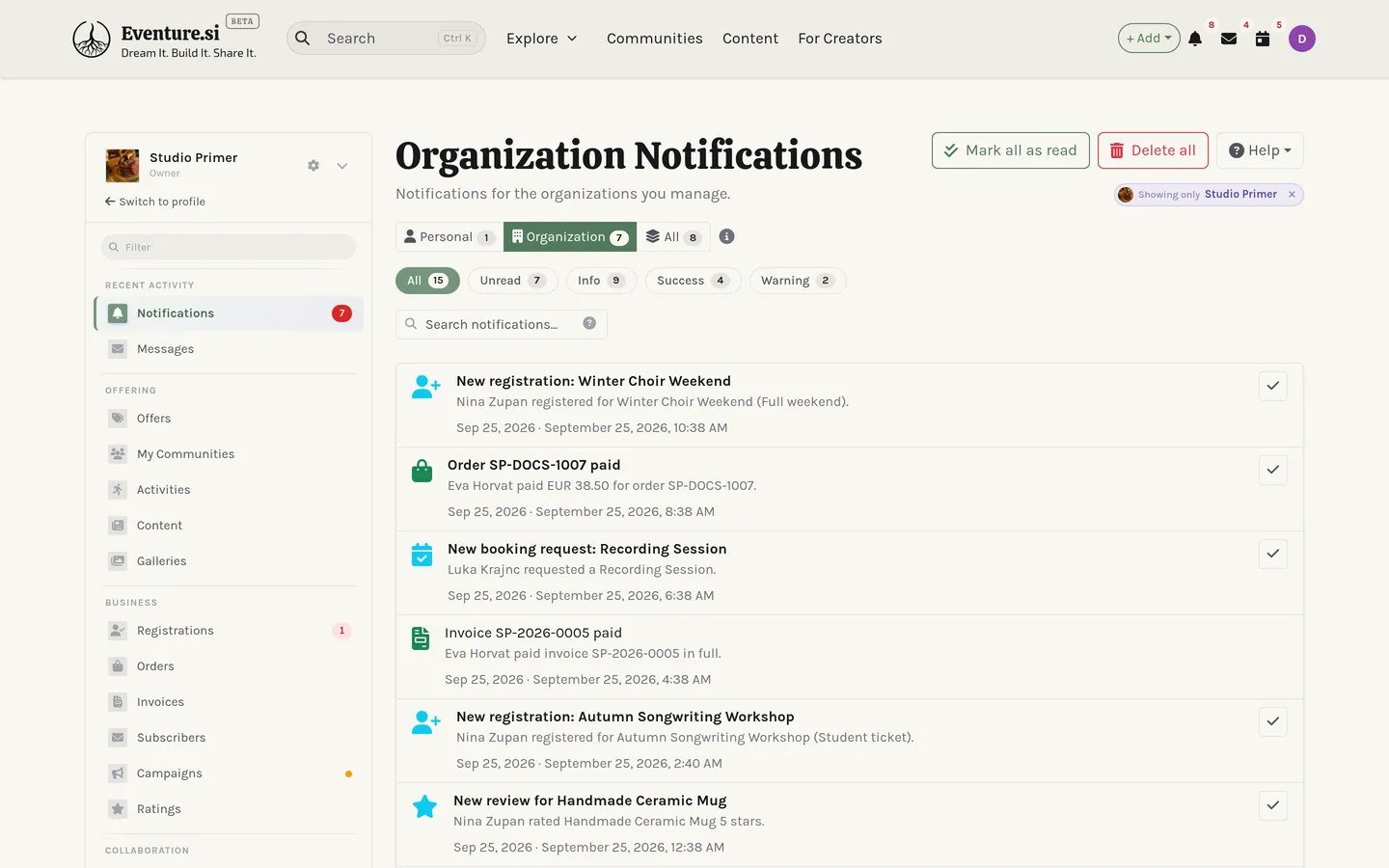 The notification center: personal and organization feeds.