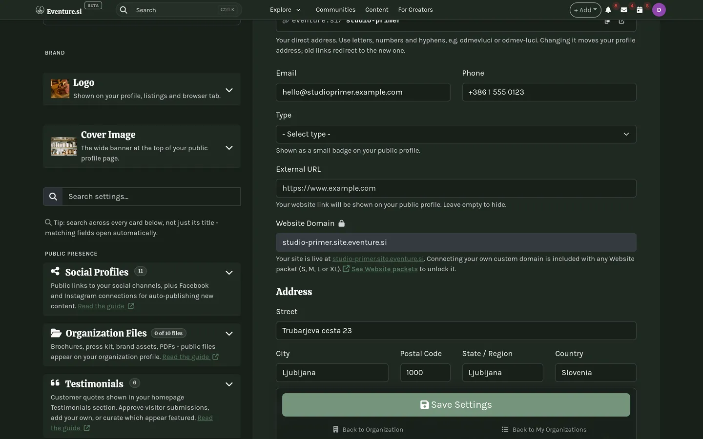 The Settings page's right sidebar: Brand, Public presence, Audience & marketing, and Money & legal cards, each with its own Help icon.