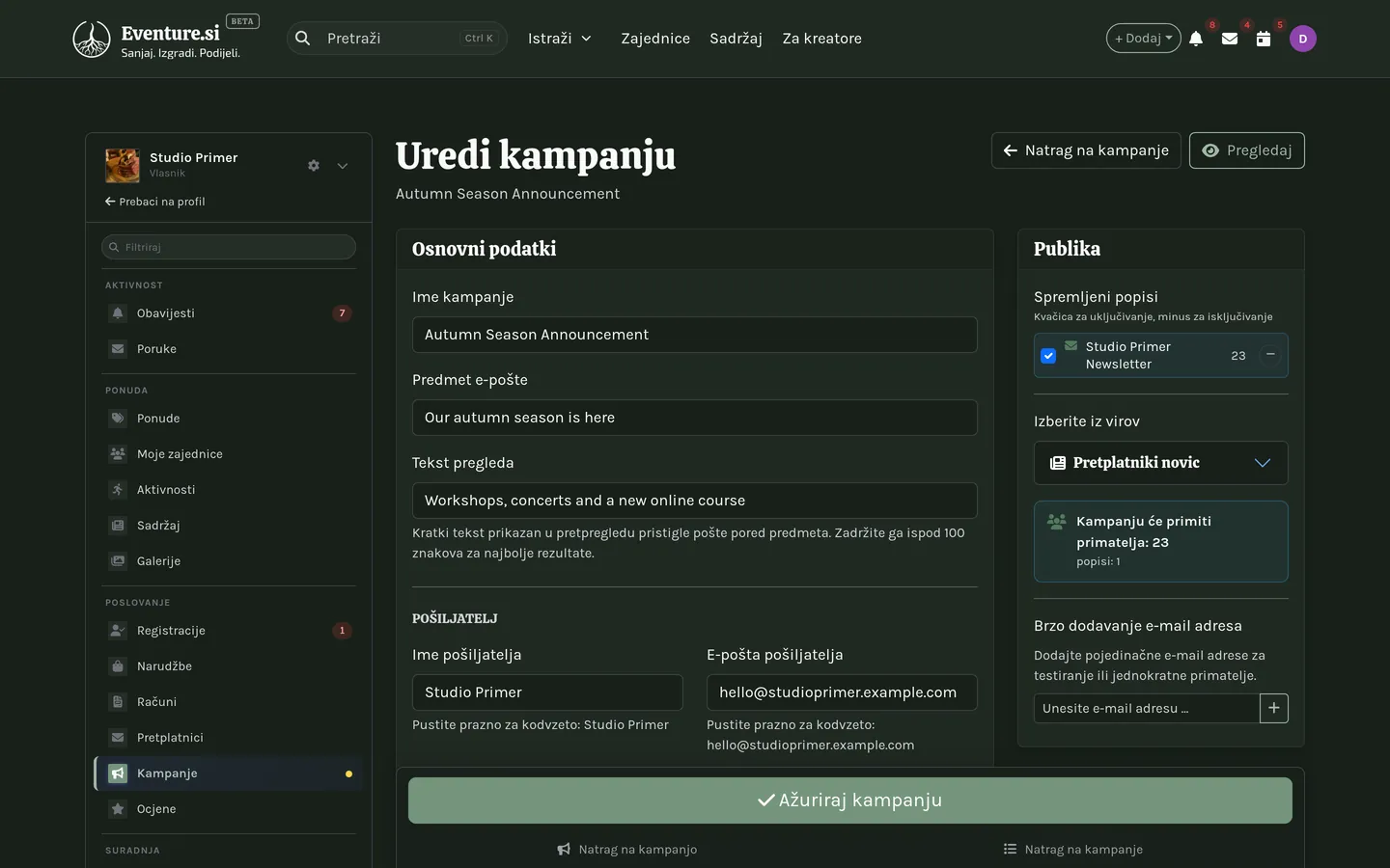 Uređivač kampanje s priloženim popisom i spremnim testnim slanjem.