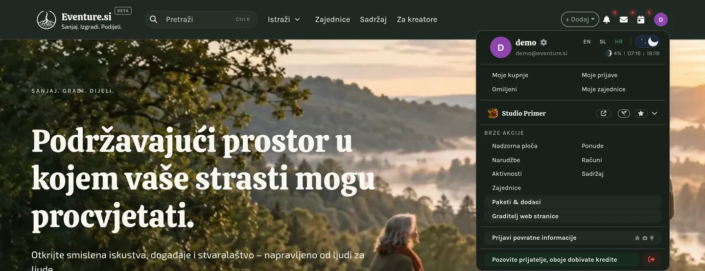 Izbornik s avatarom: osobne stavke iznad razdjelnice, vaša organizacija ispod nje.