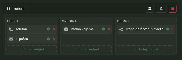 Traka zaglavlja s lijevom, srednjom i desnom zonom.